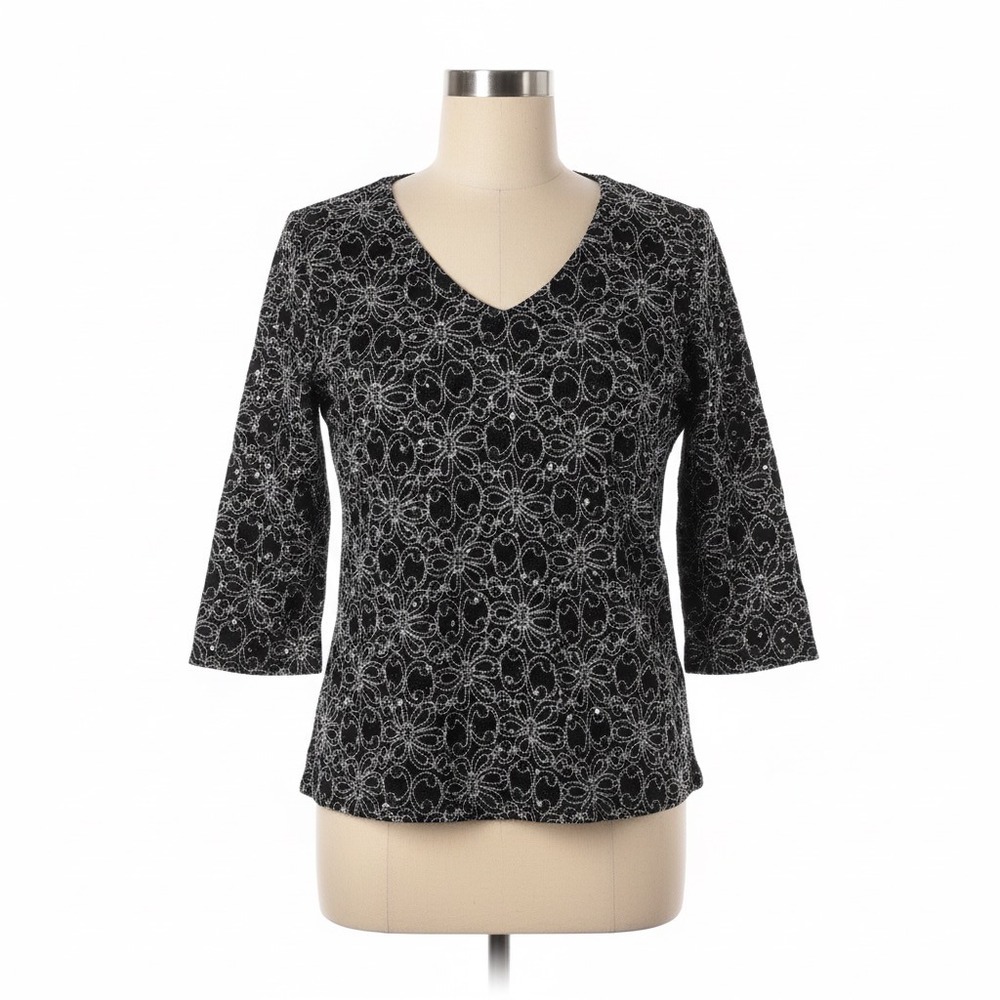 Brittany Black XL Black Silver Sparkle Floral Lace Top Blouse Y2K Fairy Grunge